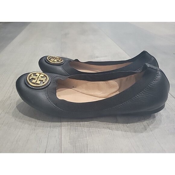 Tory Burch Caroline 2 Ballet Flats in Black Leather Gold Logo, Size 7 M - Picture 2 of 6